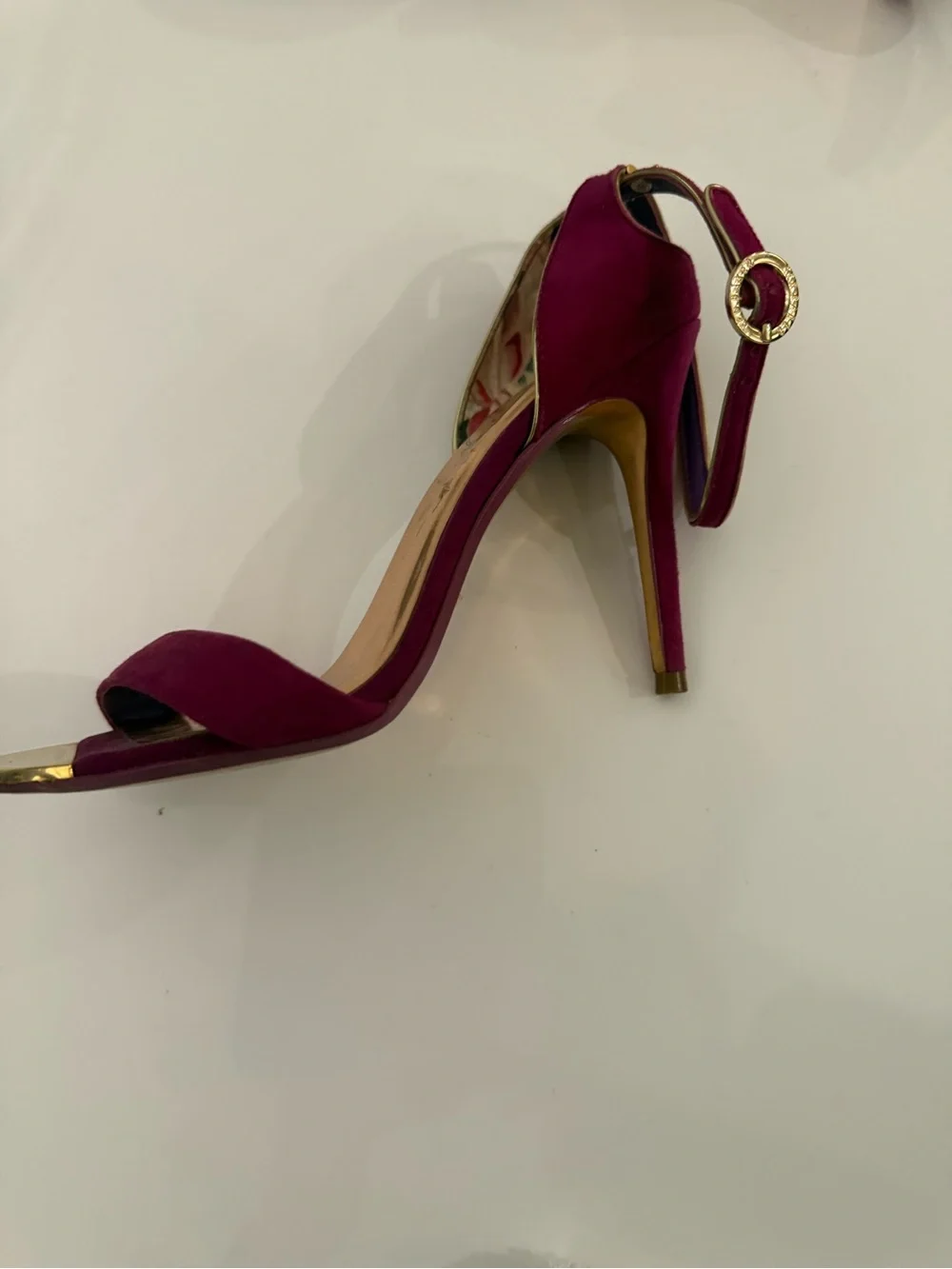 Ted Baker Magenta Suede Gold Accent Open-Toe Heels